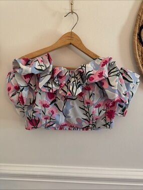 entro Floral Strapless Ruffle Crop Top - Pink & Light Blue
